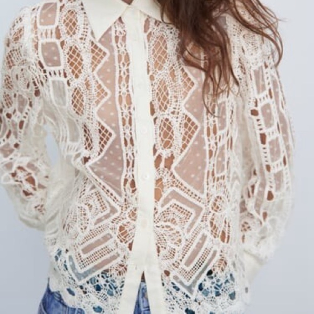 Zara Zara White Linen Blend Crochet Lace Collar Women Blouse
